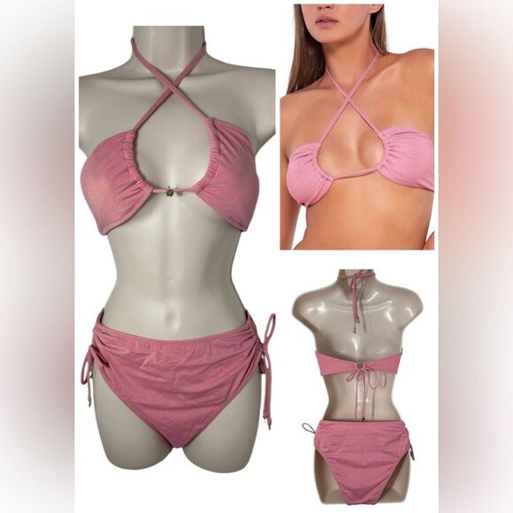 Victorias Secret Sexy Pink Sparkly High Waisted Strappy Bikini Set - Picture 1 of 14